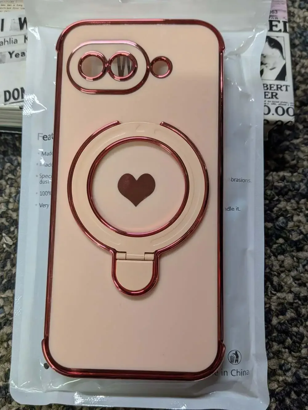 Pink Plated Frame Phone Case with Heart Ring Stand Holder